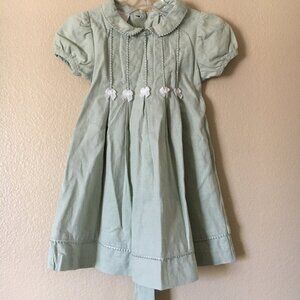 Vintage Green Dress 3T Linen Cotton y2k White Bow Classic Pleated Tie Easter